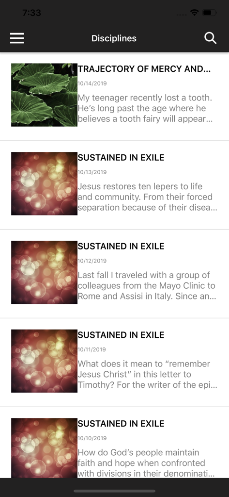 The Upper Room Disciplines - A list of daily spiritual meditations and devotional readings with dates and preview text.
