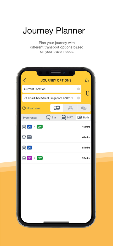 Interface of the MyTransport SG app journey planner showing various bus and MRT route options with estimated travel times