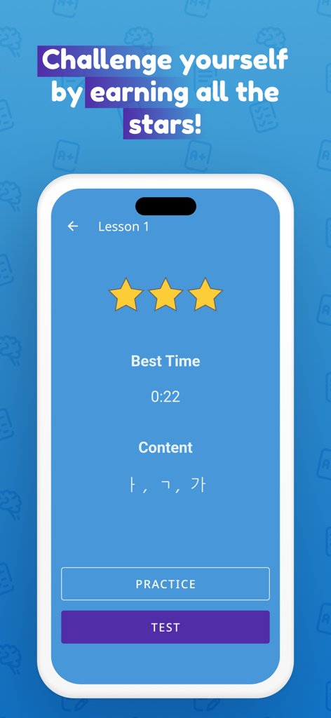 Write It! Korean - Lesson summary screen in the Write It! Korean app showing three stars and options for practice or test modes