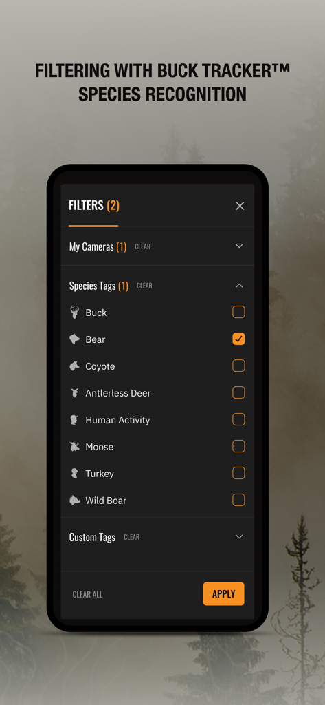 SPYPOINT - SPYPOINT app interface showing AI-powered species recognition filters for hunting trail cameras.