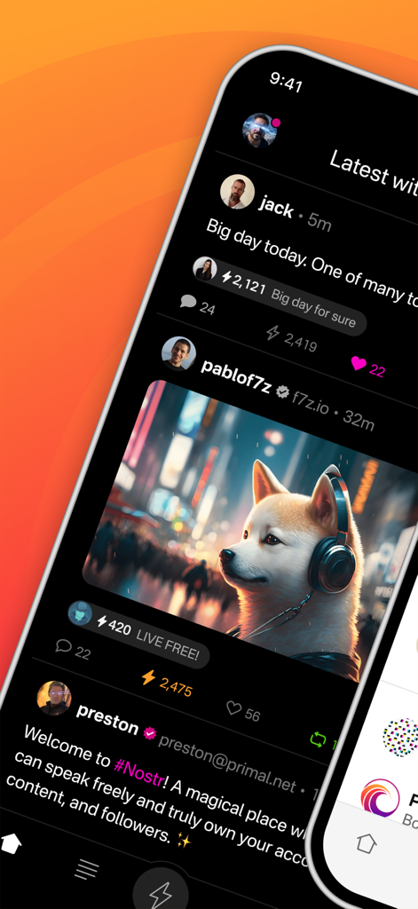 Primal - Interface of the Primal mobile app displaying a decentralized social media feed with bitcoin zap icons and user posts
