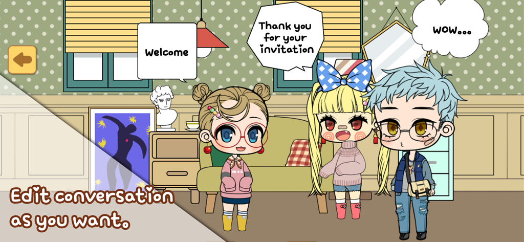 Character Maker - Three anime characters in a room with customizable speech bubbles in the Character Maker app
