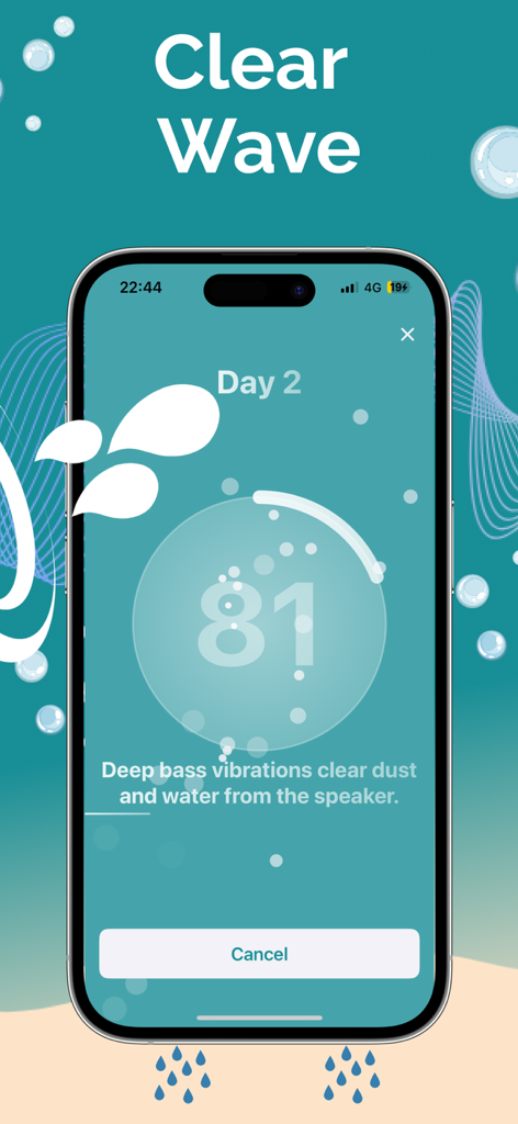 iPhone screen showing Clear Wave app removing water and dust from speakers using deep bass vibrations