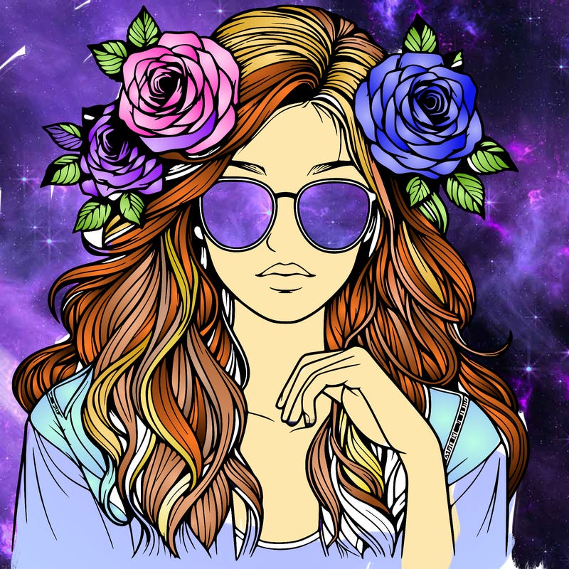 realistic girl with roses in hair and sunglasses