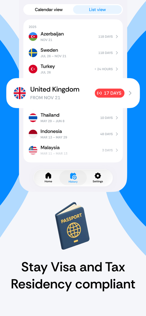 Country Days Tracker: Bounded - Bounded app interface showing a list of countries visited and total days stayed to ensure visa and tax residency compliance