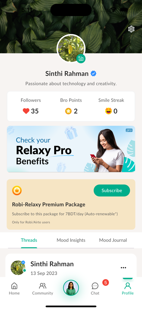 User profile dashboard on the Relaxy app showing followers, points, and mood journal navigation