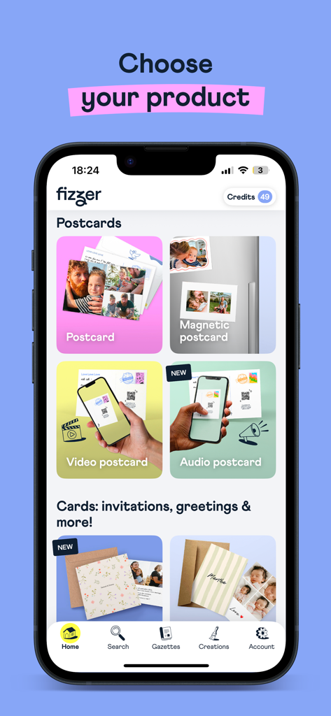 Fizzer - Personalized Cards - L'interface de l'application Fizzer présente différentes options de cartes personnalisées, notamment des cartes postales standard, des cartes postales magnétiques, des cartes vidéo et des cartes postales audio.