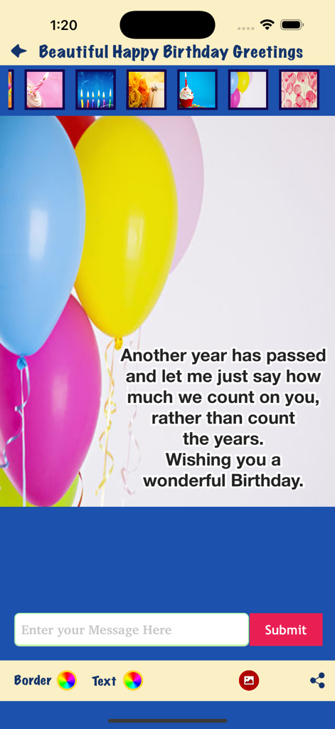 Customizable birthday greeting card with balloons and text on a mobile app interface