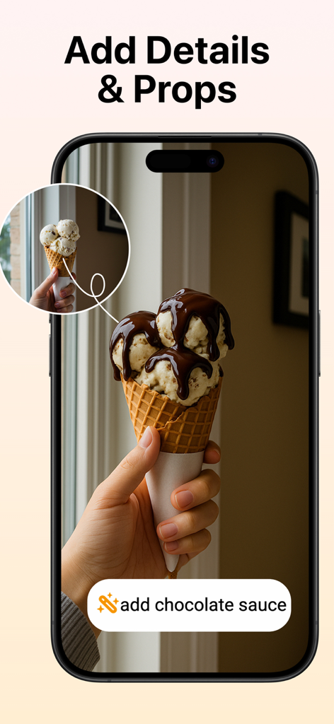 AI food photo editor interface showing chocolate sauce being added to an ice cream cone