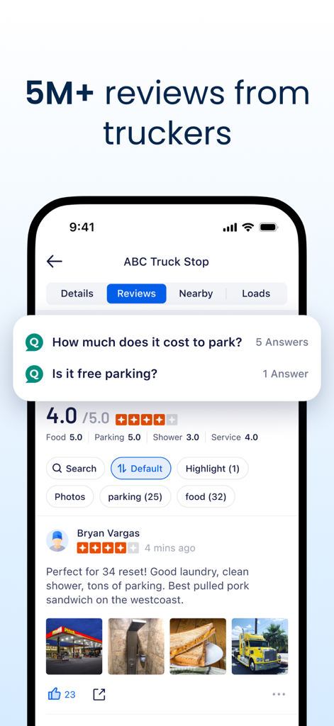 Trucker Path: Truck GPS & Map - Oberfläche der Trucker Path App, die Community-Bewertungen und -Ratings für einen Lkw-Rastplatz anzeigt.