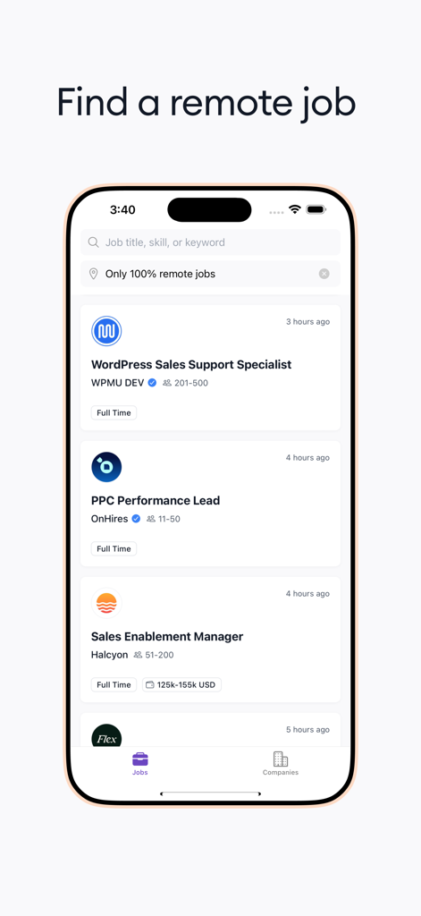 Interfaz de la aplicación móvil de Himalayas que muestra listados de empleos 100% remotos para roles de tecnología y ventas.