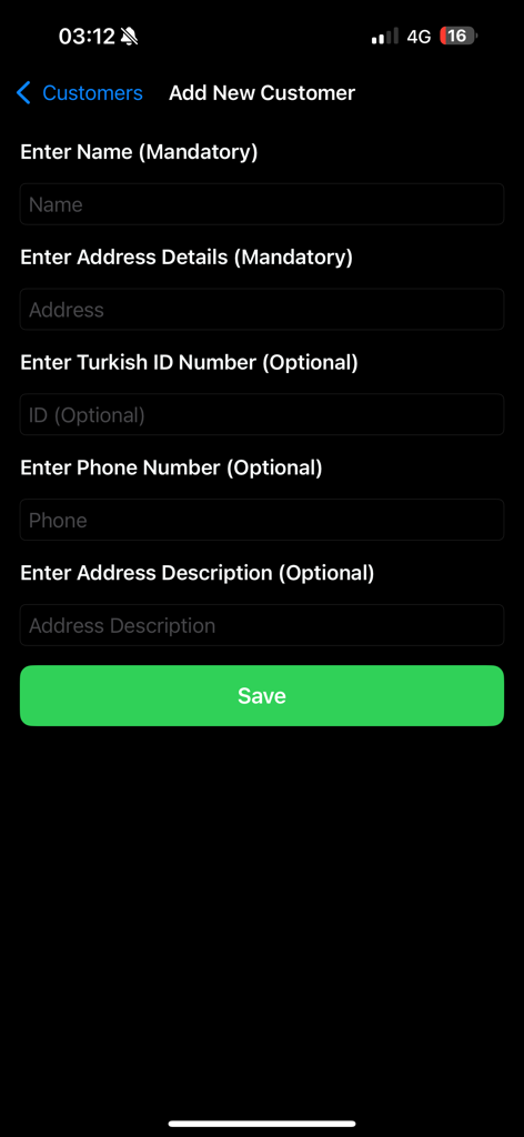 The Add New Customer interface in the Debt Tracking for Vet app featuring input fields for client name and address.