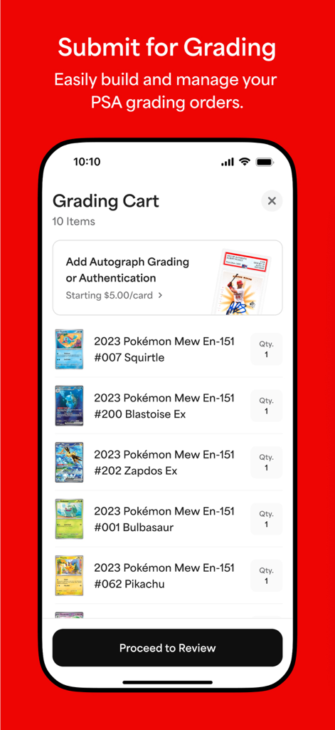 PSA: Card Scanner & Grading - An iPhone screen displaying the PSA app Grading Cart with several Pokemon cards listed for grading submission.