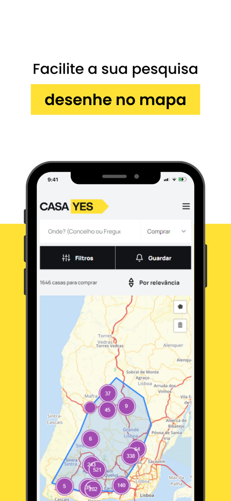 Interfaccia dell'app mobile che mostra inserzioni immobiliari su una mappa con raggruppamenti di proprietà e una funzione di disegno sulla mappa