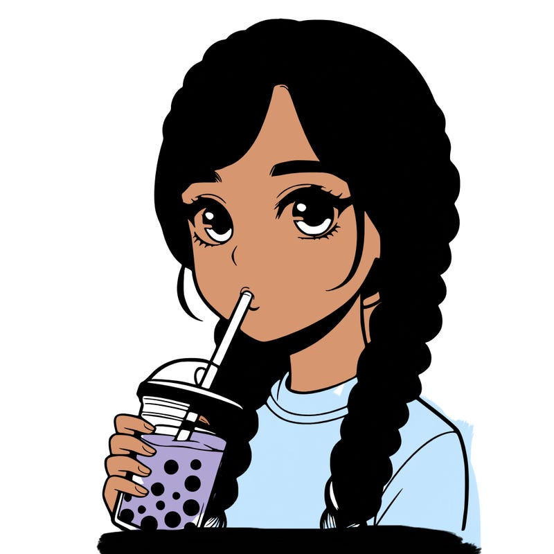 realistic girl with braided hair drinking boba