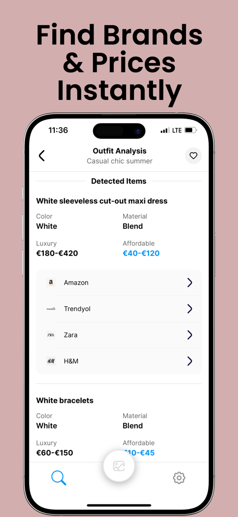 StyleScan: Outfit & Price AI - A mobile screenshot showing the StyleScan app interface with outfit analysis and price detection for a white dress and bracelets.