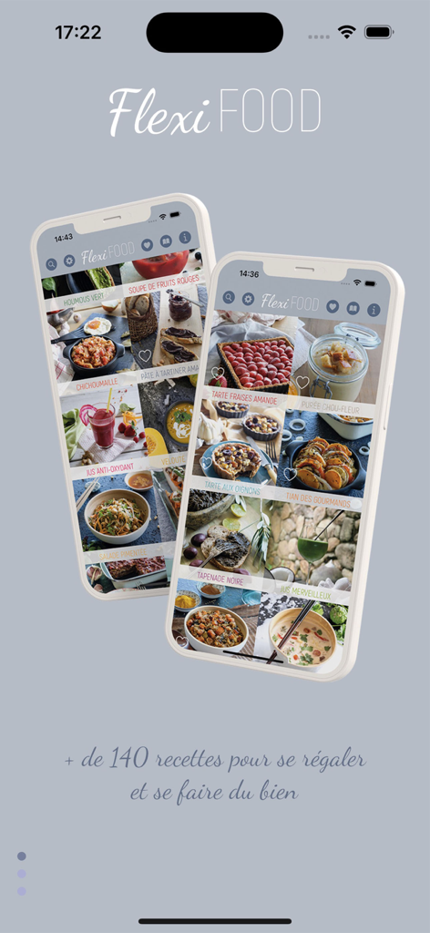 Flexi Food - Dos teléfonos inteligentes que muestran la interfaz de la aplicación Flexi Food con una cuadrícula de vibrantes recetas de comida saludable