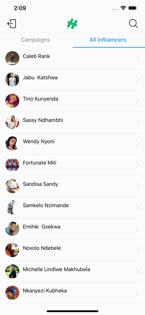 Humanz Advertisers - A mobile screen from the Humanz Advertisers app showing a list of available social media influencers for marketing campaigns.