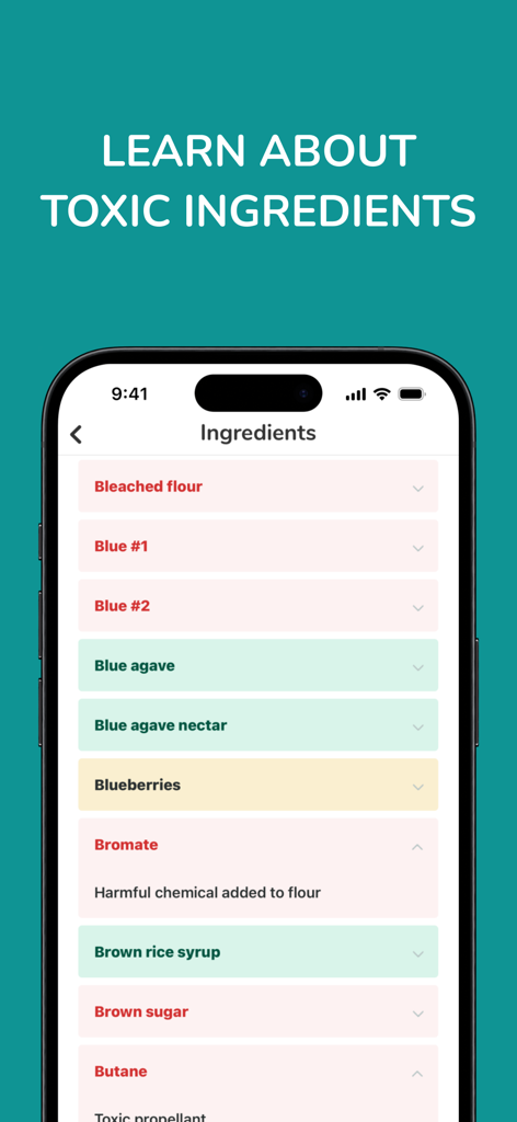 Bobby Approved - Food Scanner - Bobby Approvedアプリのインターフェース。赤で強調表示され説明された有毒添加物を含む食品成分のリストが表示されています。