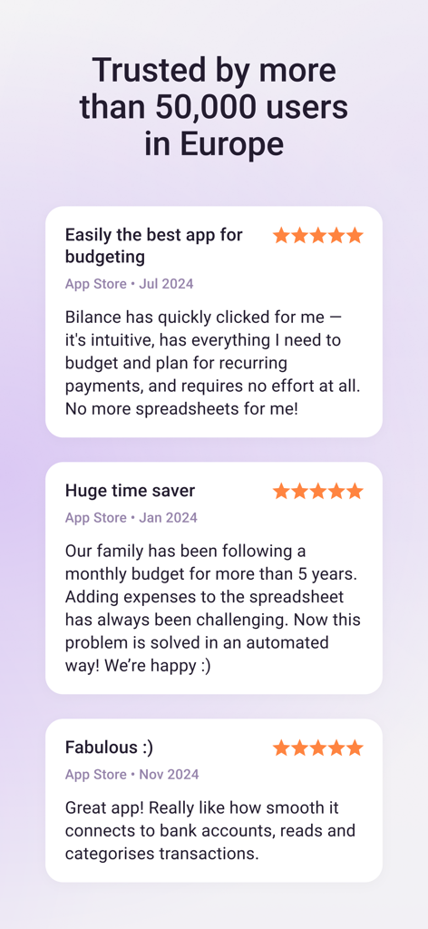 Bilance - Your Money & Budget - Five-star user reviews for Bilance highlighting features like automated budgeting and bank sync functionality.