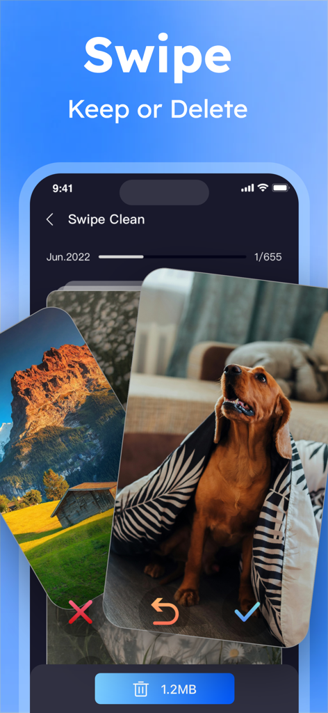 Cleanup guru - Speed Booster - Interfaz de la aplicación móvil para deslizar para conservar o eliminar fotos