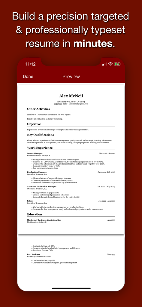 Resume Star: Pro CV Maker - Uma prévia de um currículo formatado profissionalmente em um dispositivo móvel