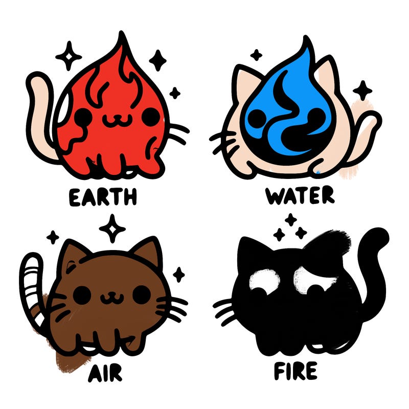 4 cats that represent the different elements, earth, water, air, and fire