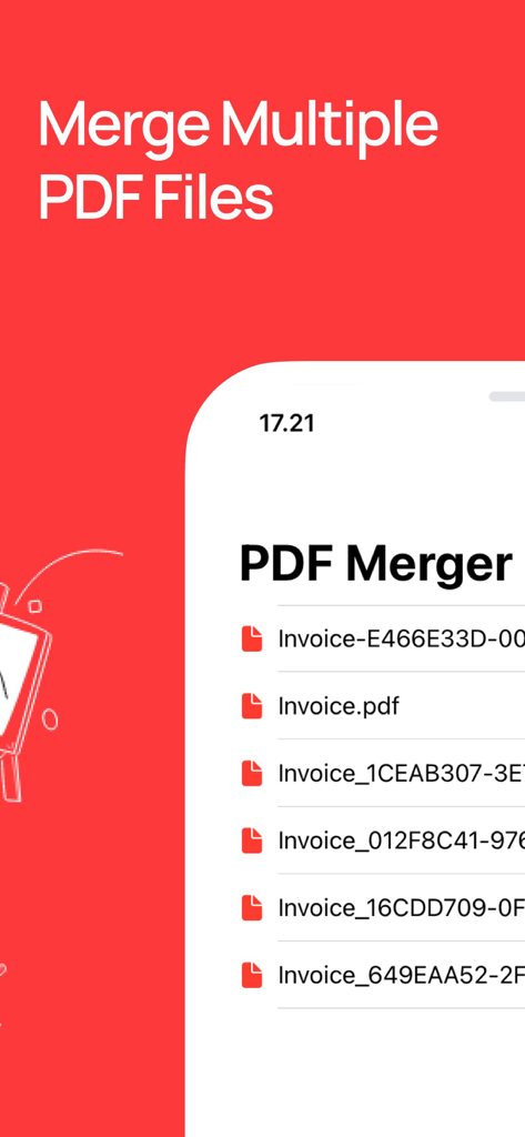 PDF Merger and Combiner app interface showing a list of multiple invoice documents selected for stitching