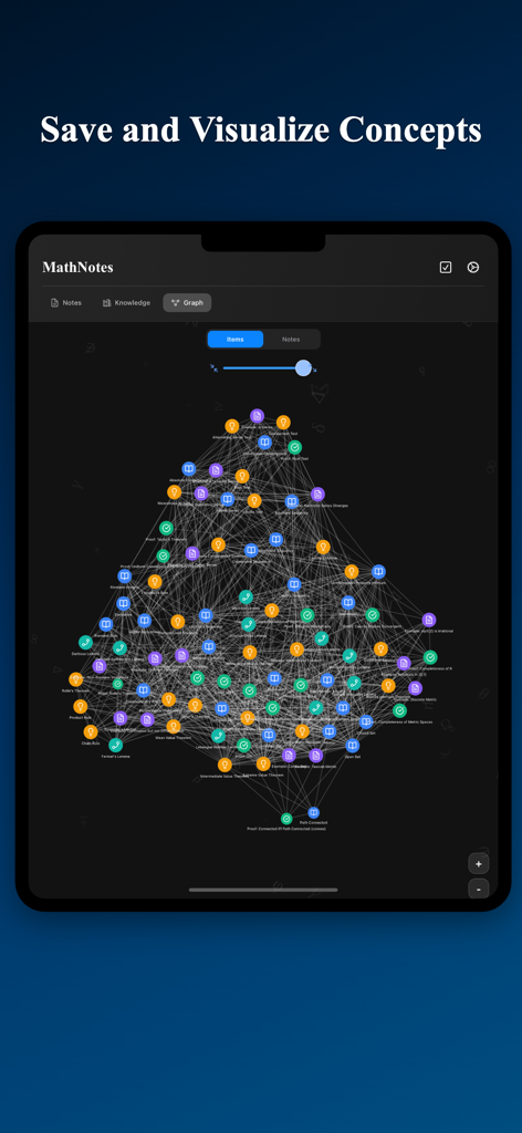 MathNotes: AI Notes for STEM - The MathNotes app interface displaying a complex knowledge graph of interconnected math concepts