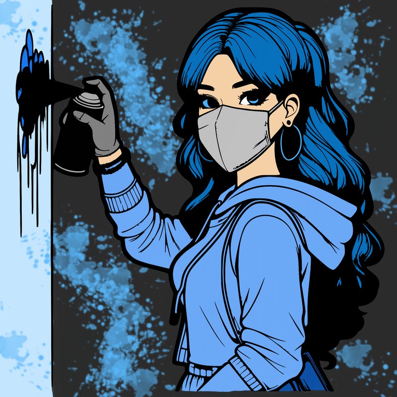 realistic girl with mask spray painting a wall