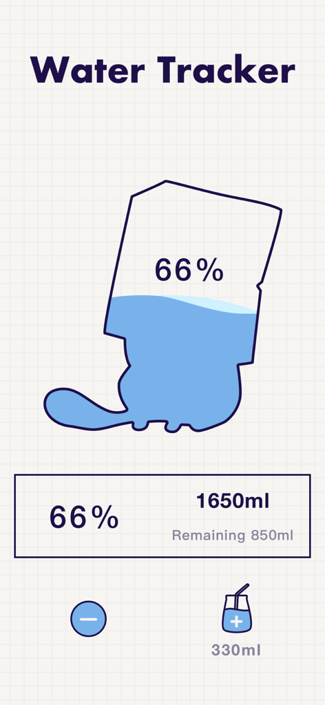 A water tracker screen showing 66 percent hydration progress with total volume consumed and amount remaining