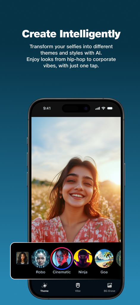 JioAICloud - Storage & Photos - Smartphone displaying the JioAICloud app interface for applying AI-driven photo themes like cinematic and robo to a selfie