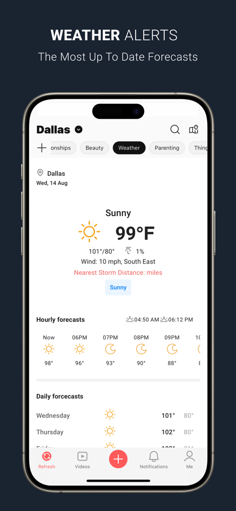 NewsBreak app interface displaying local weather alerts and current forecasts for Dallas