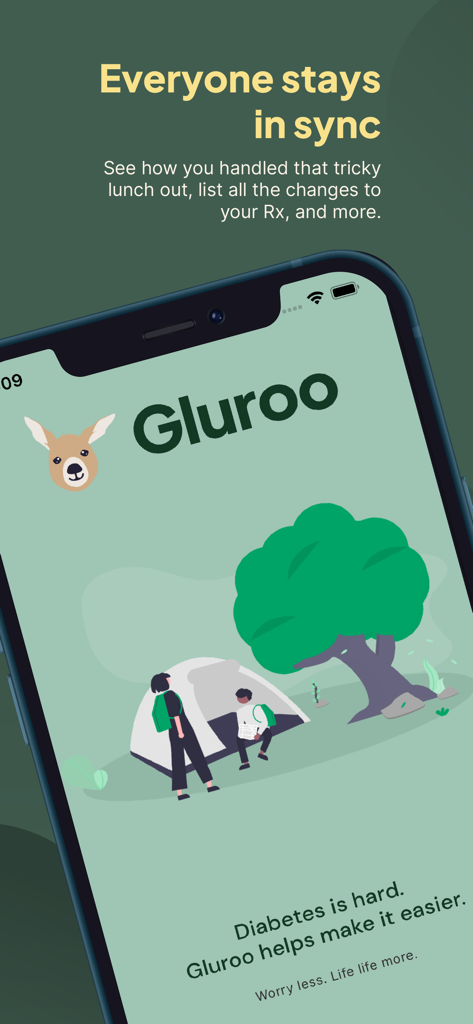 Gluroo Diabetes Logger - Gluroo App Startbildschirm mit Menschen beim Camping und Text über das Synchronbleiben für das Diabetesmanagement