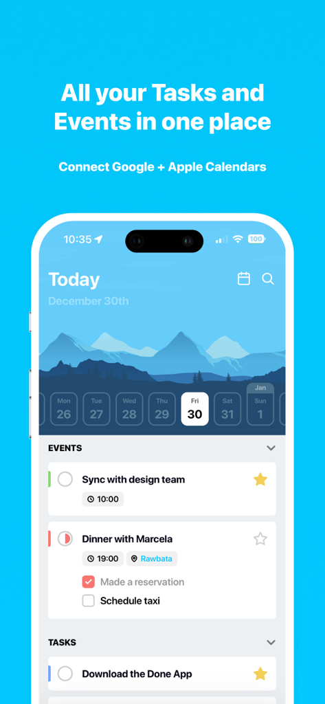 Screenshot of the Done app showing integrated tasks and events with Google and Apple calendar sync