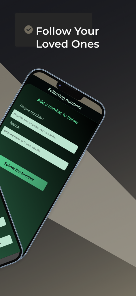 Lastseen Tracker for WA - iPhone screen showing the Add a number to follow interface in the Lastseen Tracker for WA app.