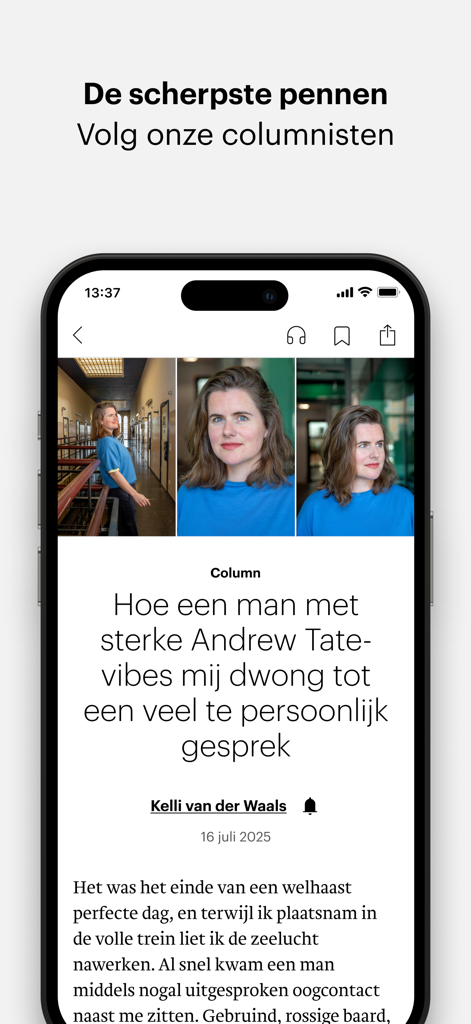Uma tela de celular exibindo um artigo de coluna em destaque dentro do aplicativo de notícias Trouw.