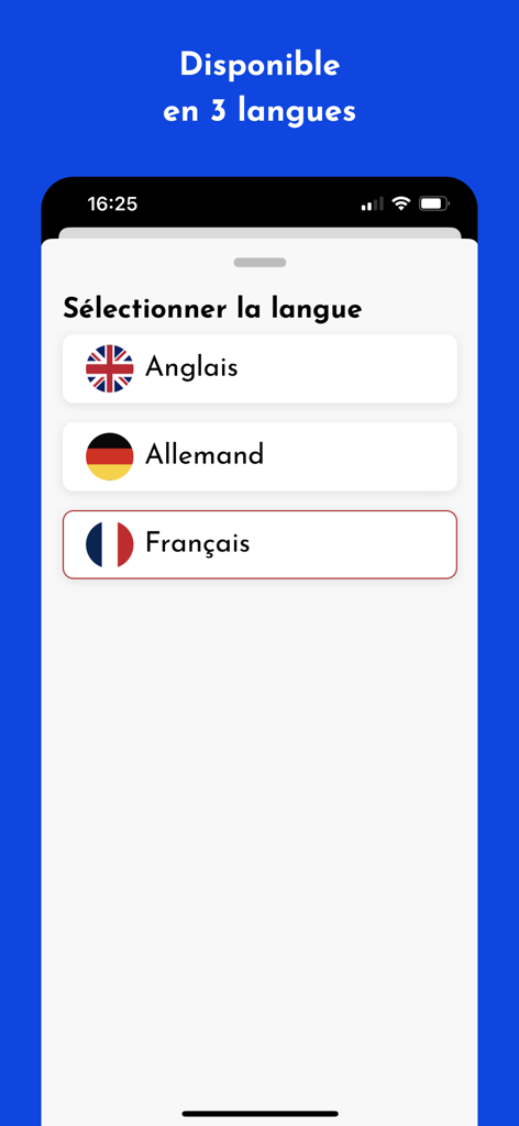 NeoSpot App-Oberfläche zeigt Sprachauswahlmöglichkeiten für Englisch, Deutsch und Französisch.