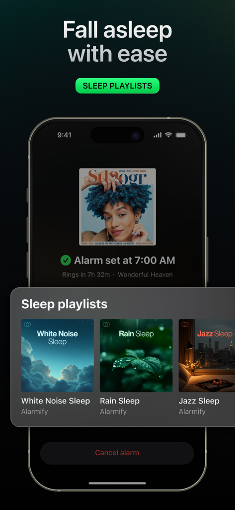 ホワイトノイズや雨音を含む睡眠プレイリストが表示されたAlarmifyアプリインターフェース