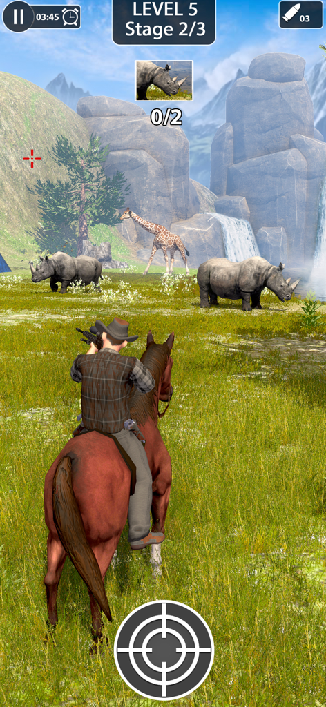 Animal Shooting: Wild Hunter - Un cazador a caballo apuntando con un rifle a rinocerontes en un entorno de safari salvaje.