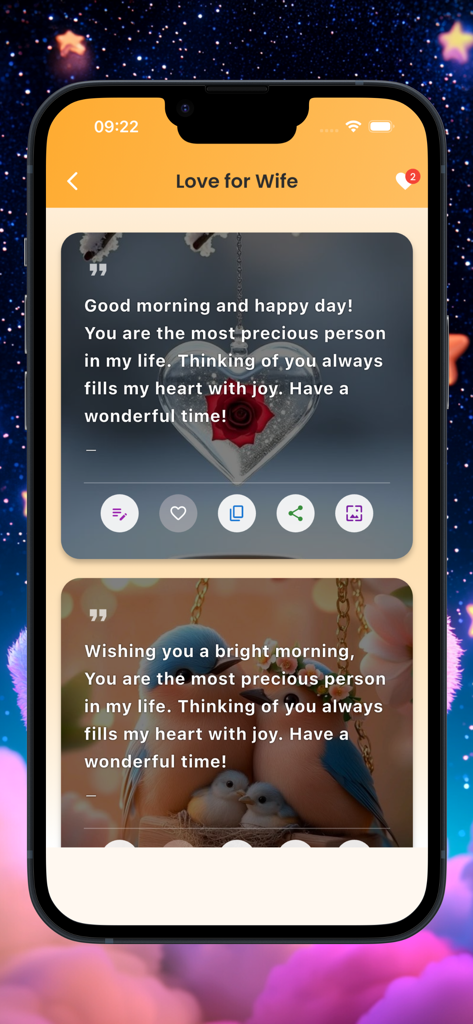 Good Morning greetings - Mobile app screen displaying romantic good morning messages and images for wife