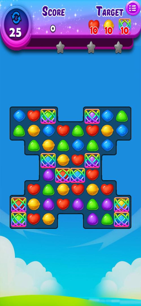 Sweet Candy Blast Fever - Gameplay screenshot of Sweet Candy Blast Fever showing a colorful match 3 puzzle board with heart and round candies