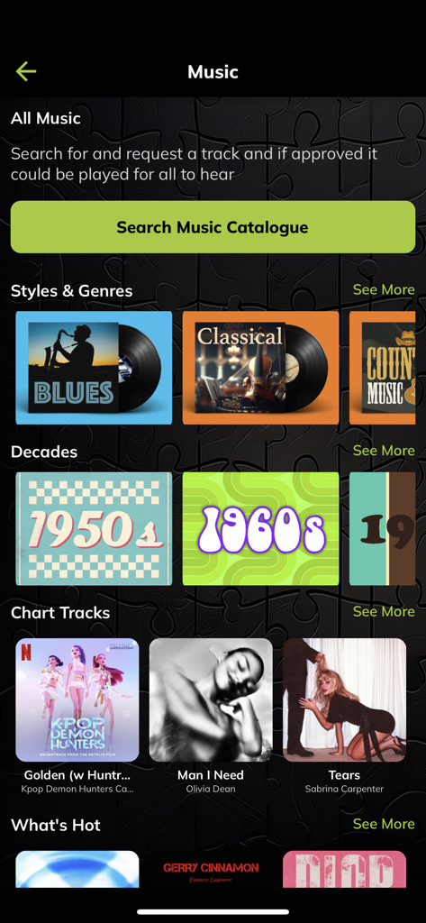 Jigsaw Interactive - Jigsaw Interactive app music selection screen showing genres and decades for song requests