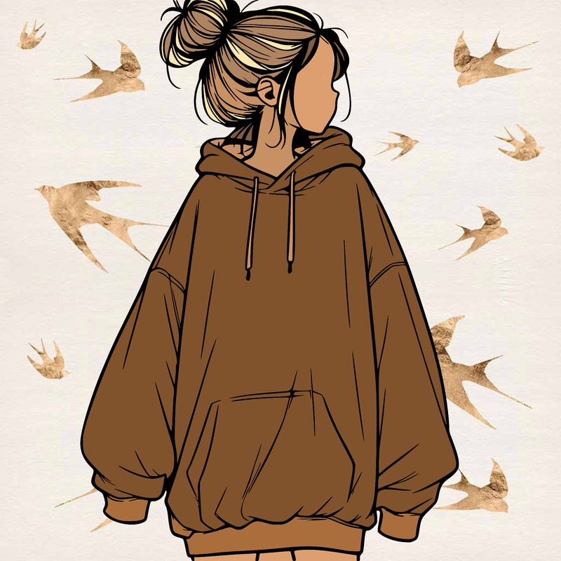 realistic girl with a oversized sweatshirt on and a bun