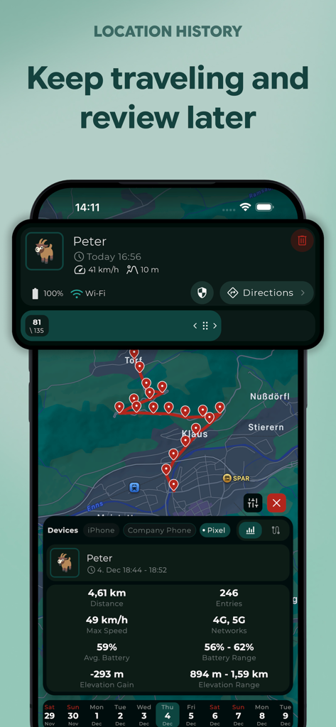 Paralino: Secure Phone Tracker - A mobile interface for the Paralino app displaying location history on a map with detailed travel statistics and battery usage.