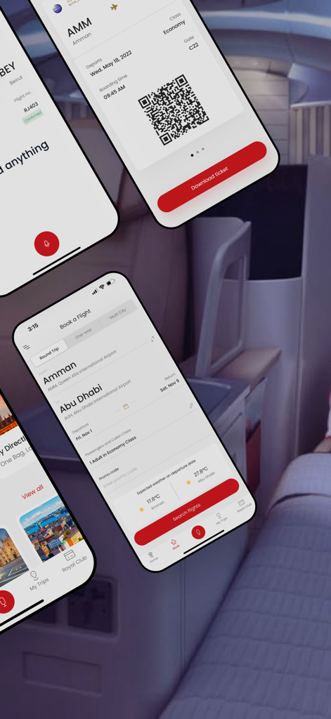 Royal Jordanian Airlines - 로열 요르단 항공 앱의 모바일 스크린샷, QR 코드가 포함된 항공권 예약 인터페이스 및 디지털 보딩 패스.