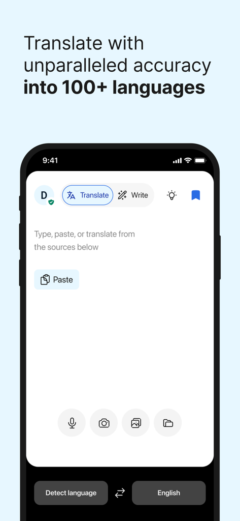 DeepL Translate mobile App-Oberfläche mit Übersetzungsfunktionen in über 100 Sprachen