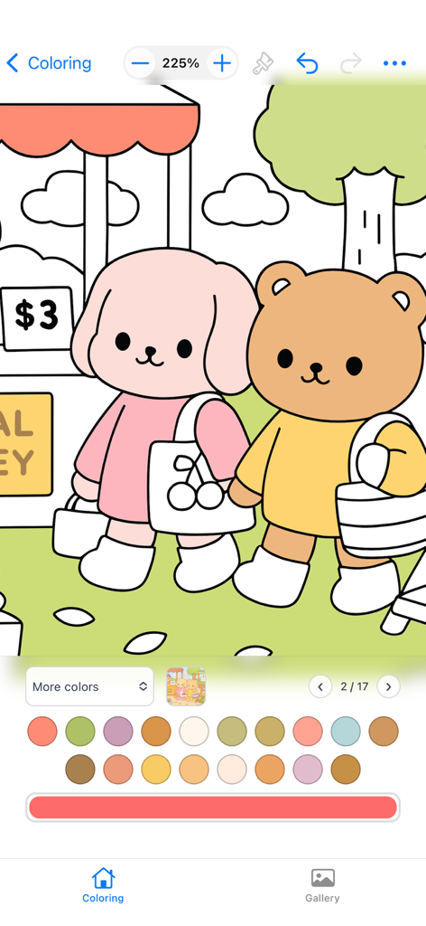 Interfaz de la aplicación de colorear digital que muestra una linda escena de oso y conejo con una paleta de colores pastel suaves