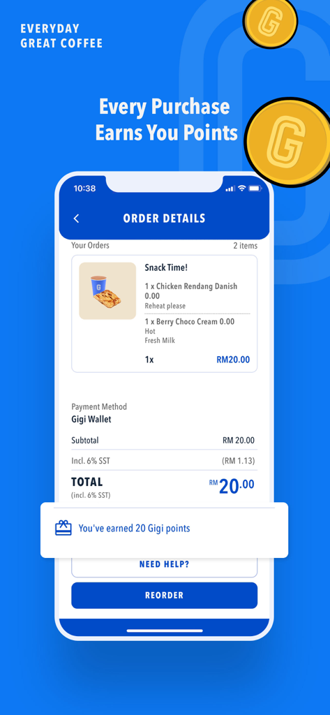 Gigi Coffee - Gigi Coffee app screenshot displaying order details and loyalty points earned after a purchase