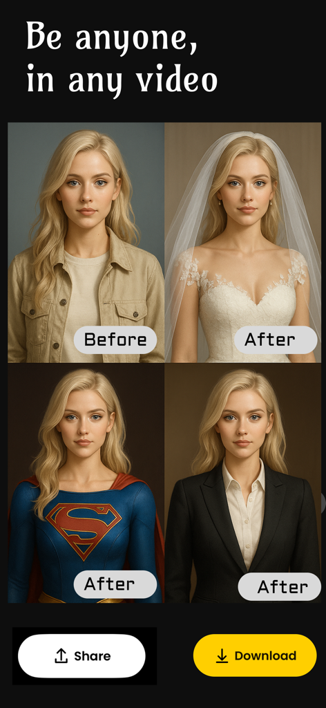 AI video&face swap-NeFace - 신부와 슈퍼 히어로를 포함한 다양한 역할로 변신한 여성을 보여주는 AI 얼굴 바꾸기 인터페이스